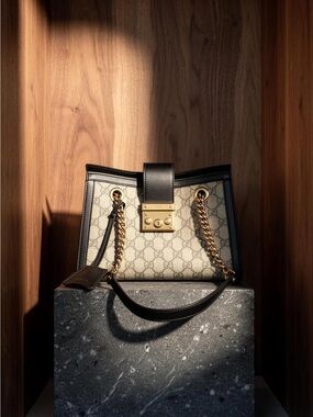 Gucci Designer Beige GG Canvas Tote with Black Leather Trim and Gold Hardware